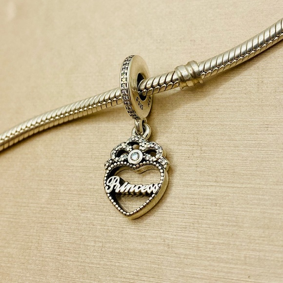 EUC Pandora 791962CZ Sterling Silver Princess Crown Heart Dangle Charm w/ CZ’s - Picture 6 of 9